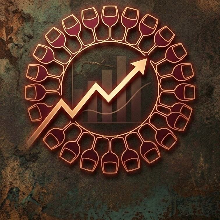 A gold emblem of wine glasses circling a rising chart line