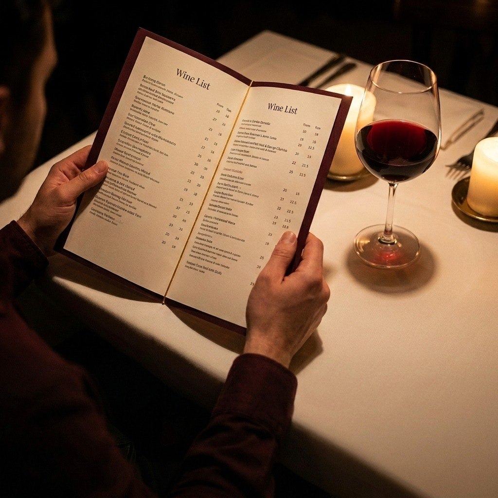 A diner studying a restaurant wine list by candlelight