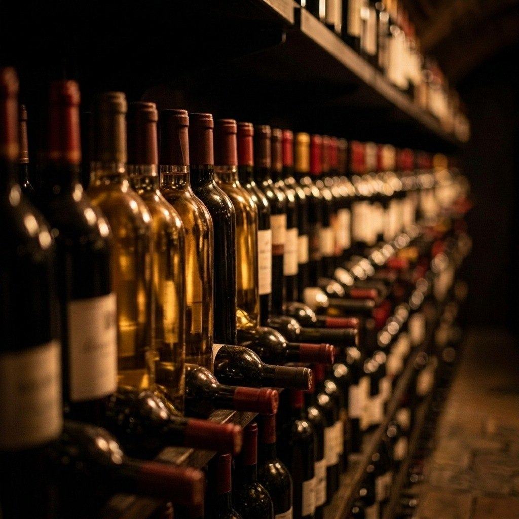 A candle-lit cellar wall stacked with wine bottles