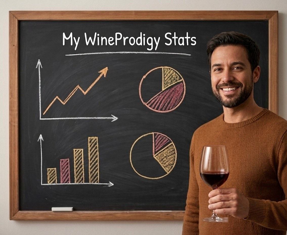 A wine drinker in front of a blackboard of his WineProdigy statistics