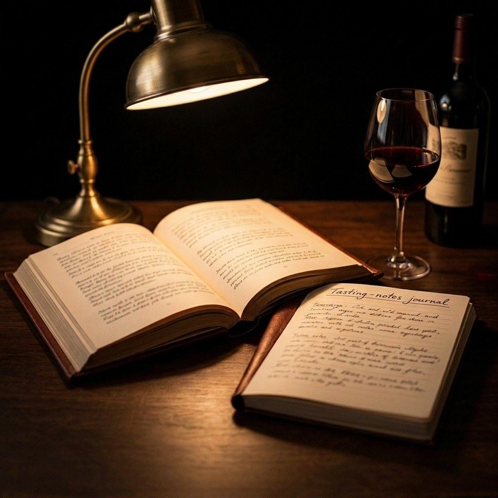 An open tasting-notes journal beside a glass of red wine